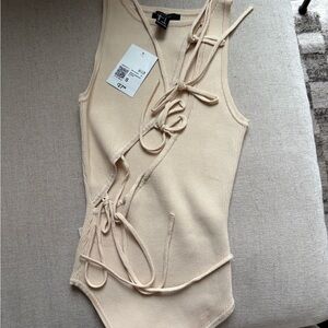 Forever 21 Cream Lace-Up Bodysuit